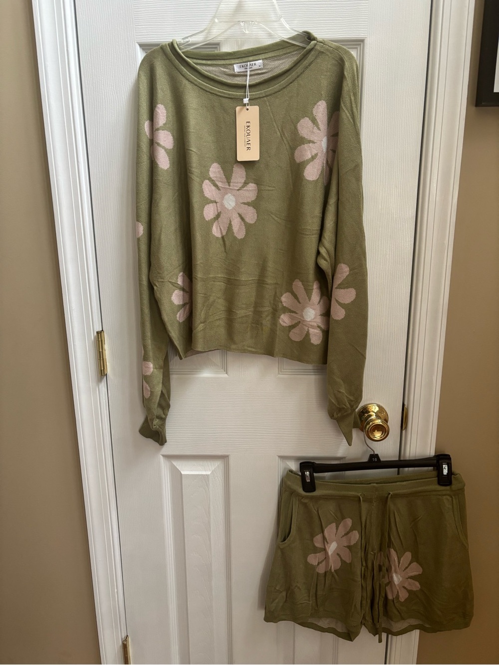 Ekouaer Women's 2-Piece Knit Green Floral Daisy Lounge Set, Size Med, NWT - Picture 2 of 5